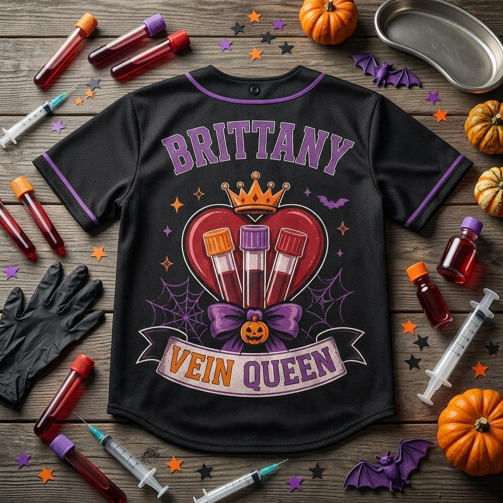 Personalized Vein Queen Phlebotomy Crew Baseball Jersey - Custom Name Halloween Phlebotomist Gift