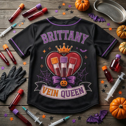 Personalized Vein Queen Phlebotomy Crew Baseball Jersey - Custom Name Halloween Phlebotomist Gift