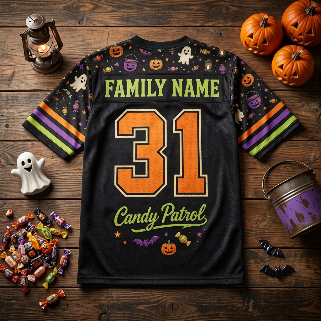 Personalized Halloween Football Jersey - Custom Family Name Trick or Treat Crew Candy Patrol Sports Shirt