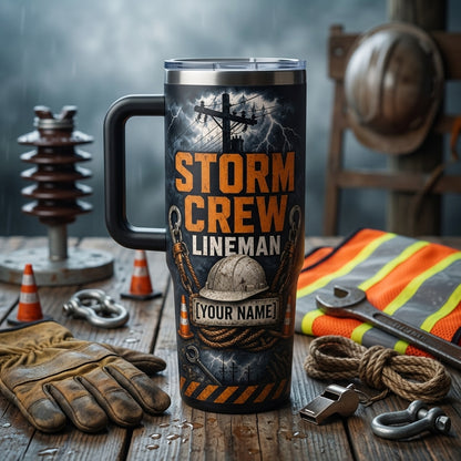 Personalized Lineman Storm Crew 40oz Tumbler with Handle, Custom Name Utility Worker Gift for Men - 40oz tumbler mockup 3