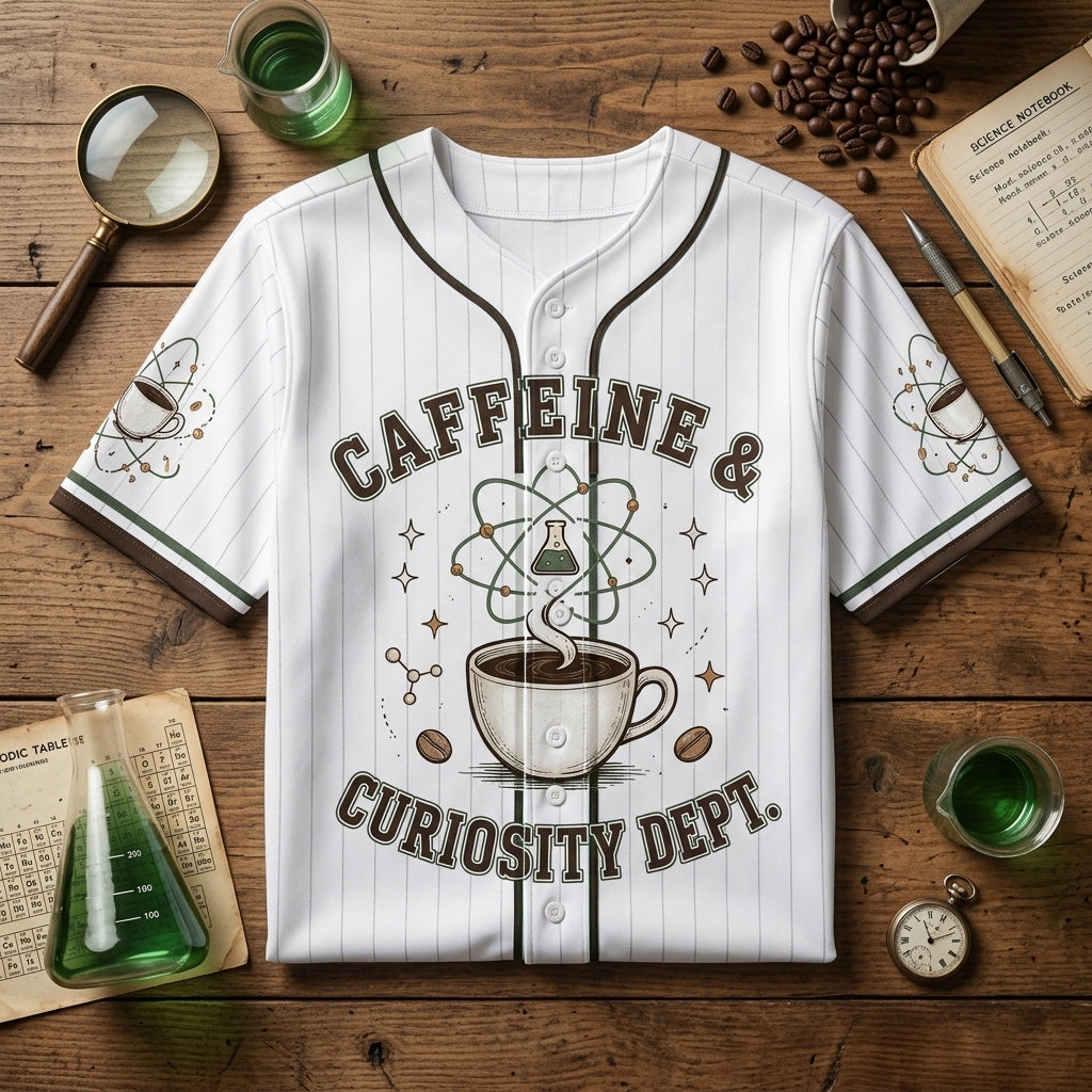 Personalized Science and Coffee Baseball Jersey - Custom Name Fueled By Science Caffeine & Curiosity Dept.