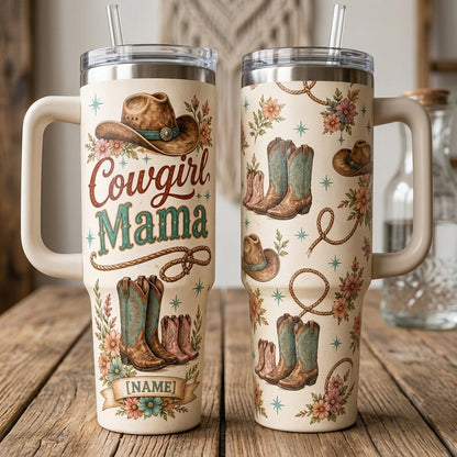 Personalized Cowgirl Mama 40oz Tumbler with Handle - Custom Western Floral Mama Gift - Insulated Travel Mug