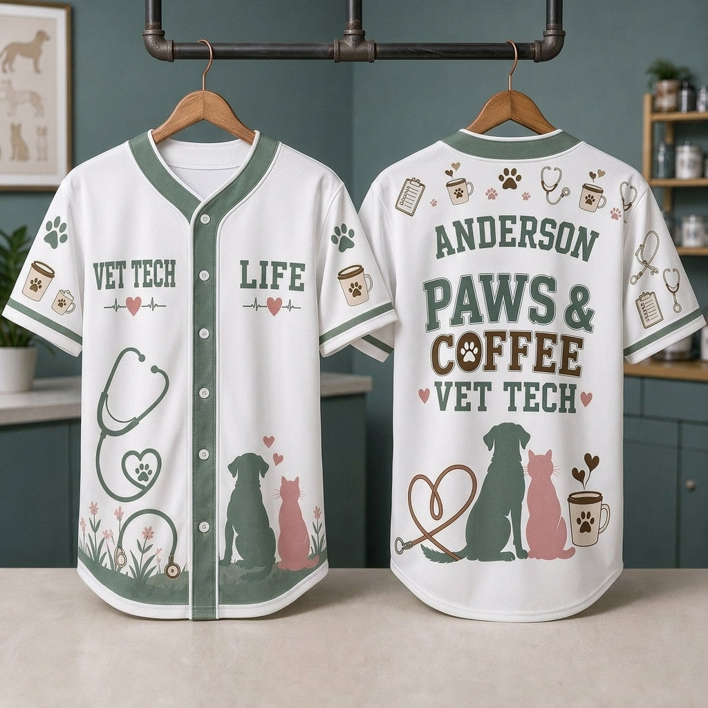 Personalized Vet Tech Paws & Coffee Baseball Jersey - Custom Name Veterinary Professional Gift Shirt - baseball jersey product view 3