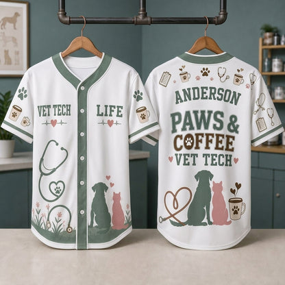 Personalized Vet Tech Paws & Coffee Baseball Jersey - Custom Name Veterinary Professional Gift Shirt - baseball jersey product view 3