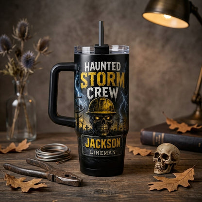 Personalized Haunted Storm Crew Lineman 40oz Tumbler with Handle, Custom Name Utility Worker Gift