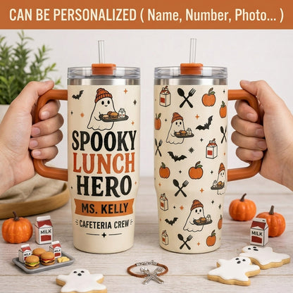 Personalized Spooky Lunch Hero 40oz Tumbler with Handle - Custom Cafeteria Crew Halloween Gift