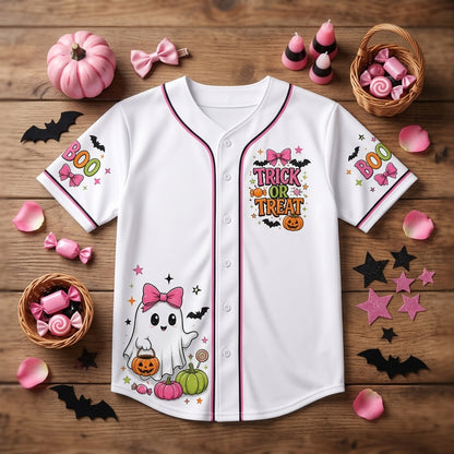 Girly Trick or Treat Halloween Baseball Jersey - Cute Ghost & Pink Pumpkin Spooky Season Shirt