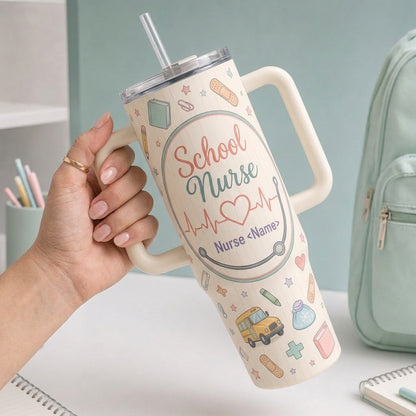 Personalized School Nurse 40oz Tumbler with Handle, Custom Name Medical Doodle Travel Mug Gift