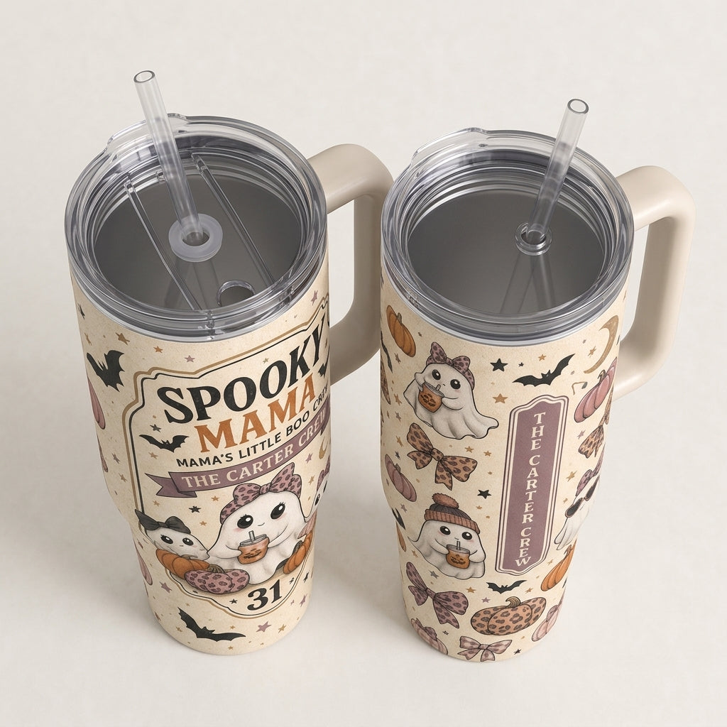 Personalized Spooky Mama 40oz Tumbler with Handle - Custom Family Name Mama's Little Boo Crew Halloween Gift
