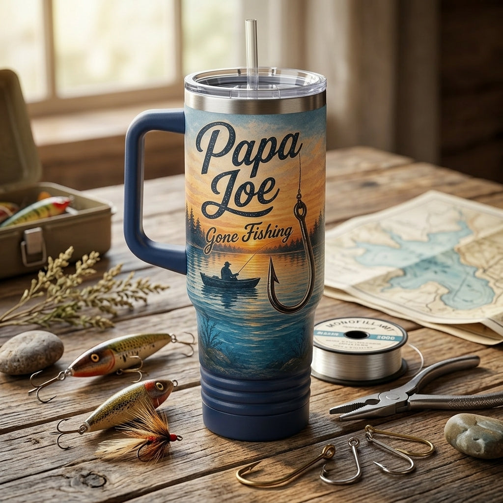 Personalized Fishing 40oz Tumbler with Handle - Custom Name Gone Fishing Lake Crew Gift for Dad and Grandpa