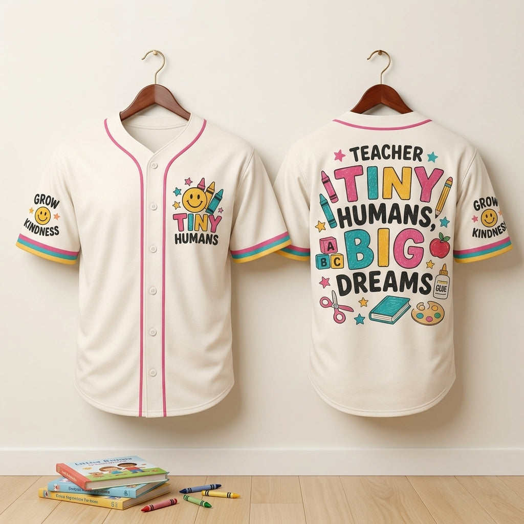 Teacher Tiny Humans Big Dreams Baseball Jersey - Cute Personalized Gift for Preschool & Elementary Educators