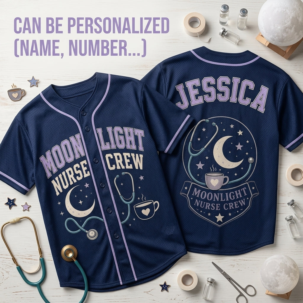 Personalized Moonlight Nurse Crew Baseball Jersey - Custom Name Night Shift Nursing Gift