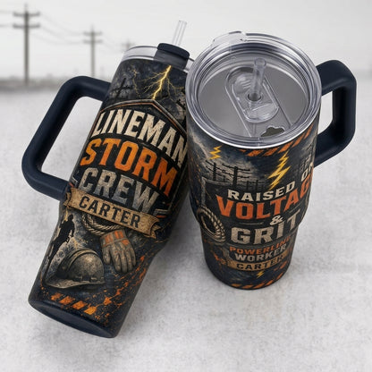 Personalized Lineman Storm Crew 40oz Tumbler with Handle, Custom Powerline Worker Gift