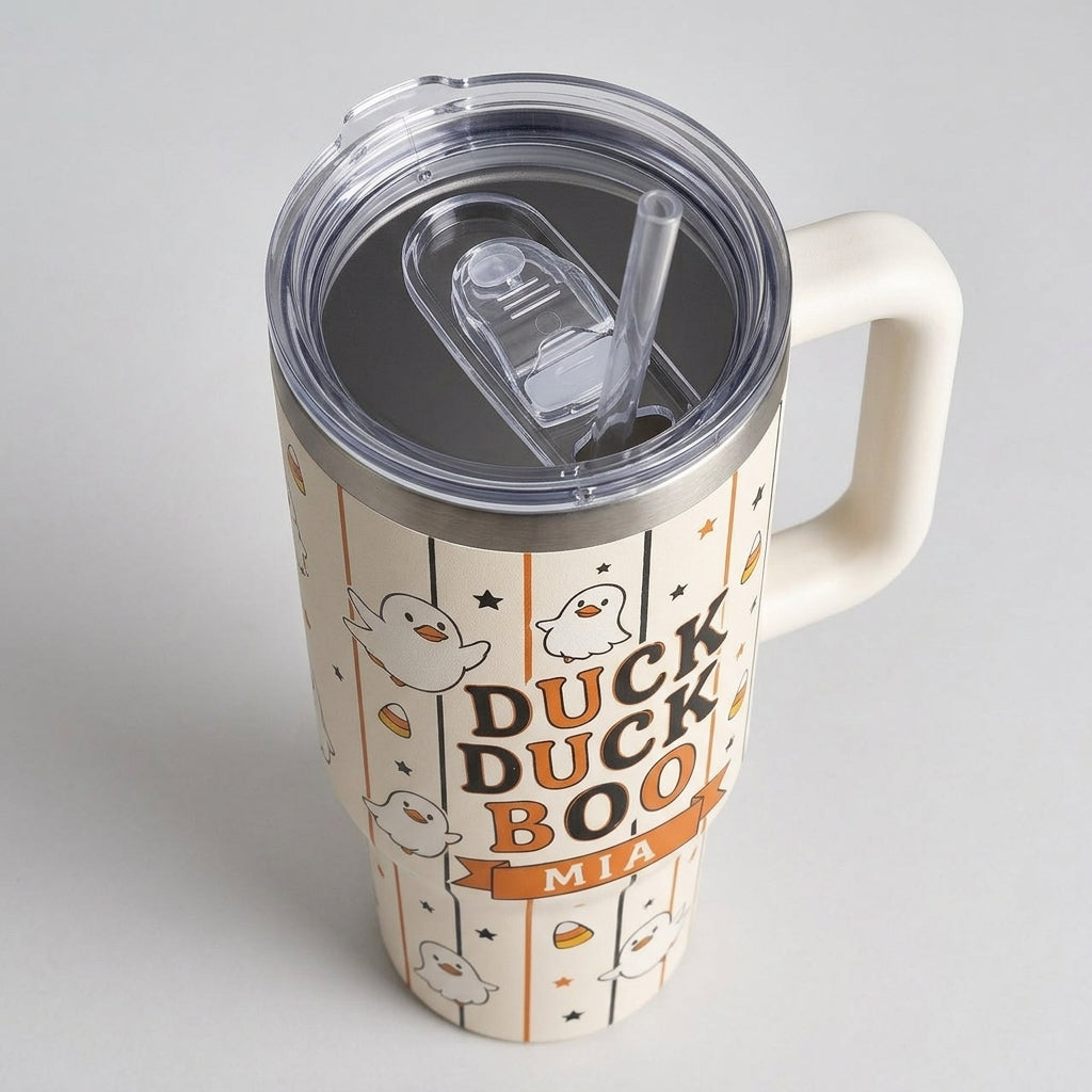 Personalized Duck Duck Boo Halloween 40oz Tumbler with Handle - Custom Name Ghost Duck Gift