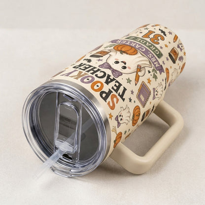 Personalized Spooky Teacher Halloween 40oz Tumbler with Handle - Custom Name and Grade Gift