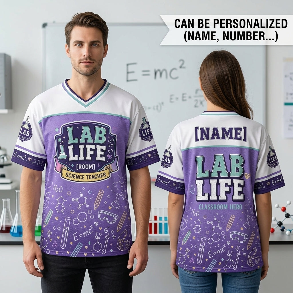 Personalized Science Teacher Lab Life Football Jersey - Custom Name and Room Number Mesh Athletic Shirt