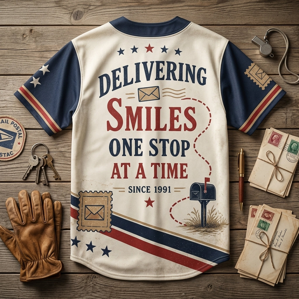Personalized Route Legend Mail Carrier Baseball Jersey - Custom Year Delivering Smiles Postal Worker Gift