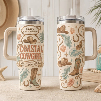 Personalized Coastal Cowgirl 40oz Tumbler with Handle - Custom Western Beach Travel Mug Gift
