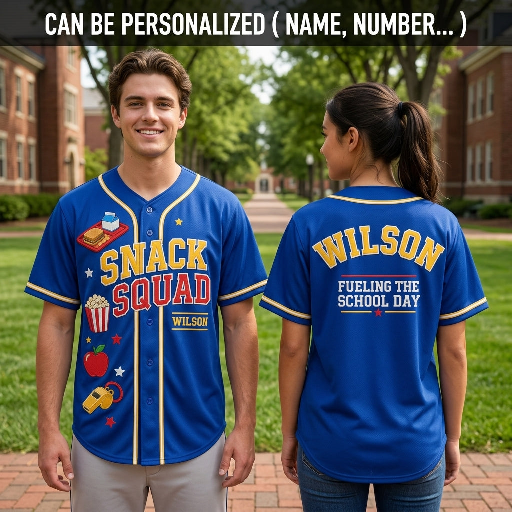 Personalized Snack Squad Baseball Jersey - Custom Name School Cafeteria Worker Gift - Fueling The School Day Blue Jersey