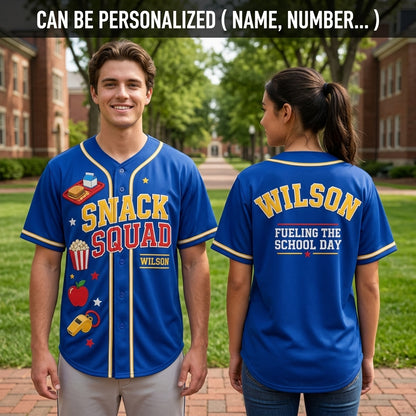 Personalized Snack Squad Baseball Jersey - Custom Name School Cafeteria Worker Gift - Fueling The School Day Blue Jersey
