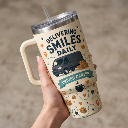 Personalized Delivering Smiles Daily Delivery Driver 40oz Tumbler - Custom Route Hero Gift