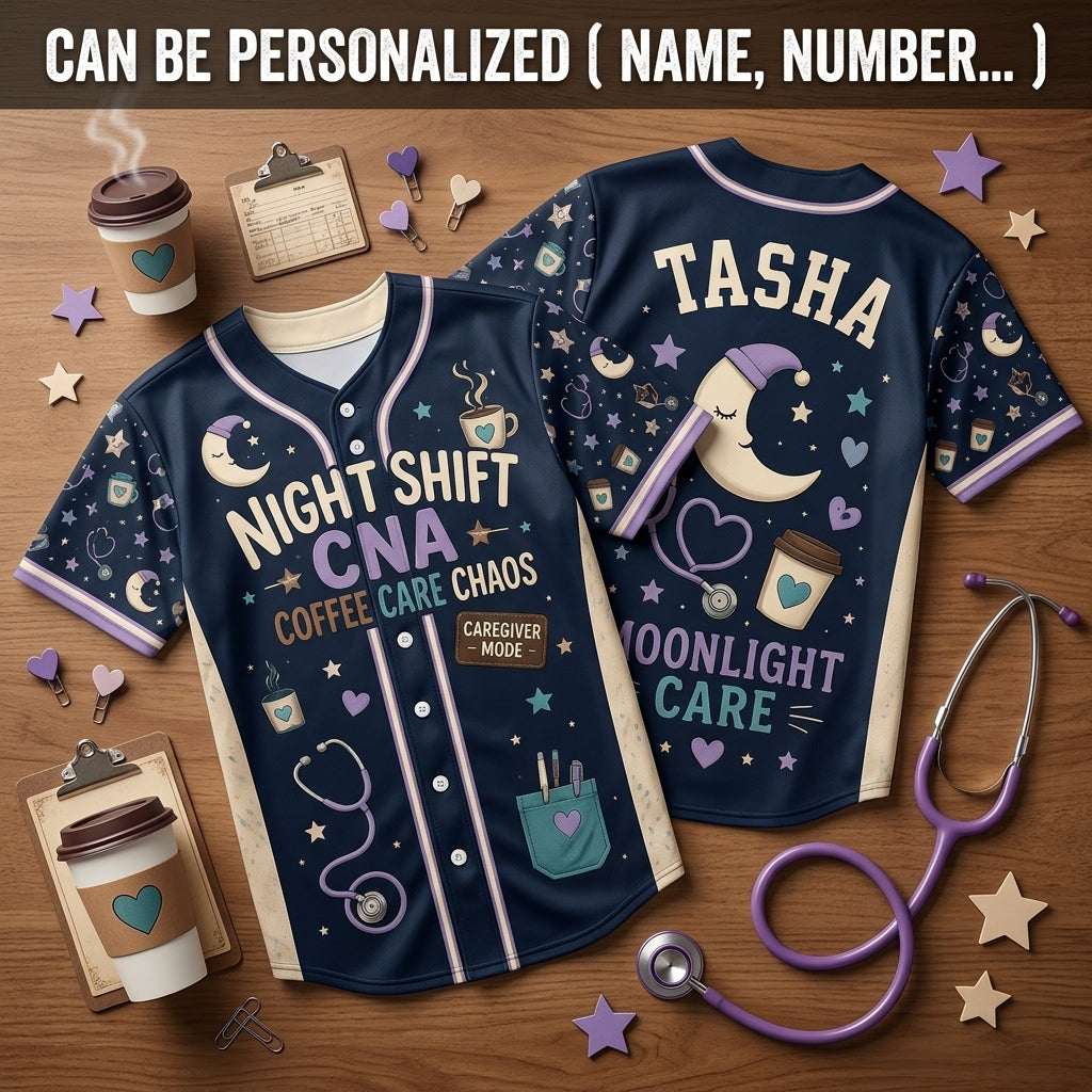 Personalized Night Shift CNA Baseball Jersey - Custom Name Coffee Care Chaos Moonlight Care Shirt