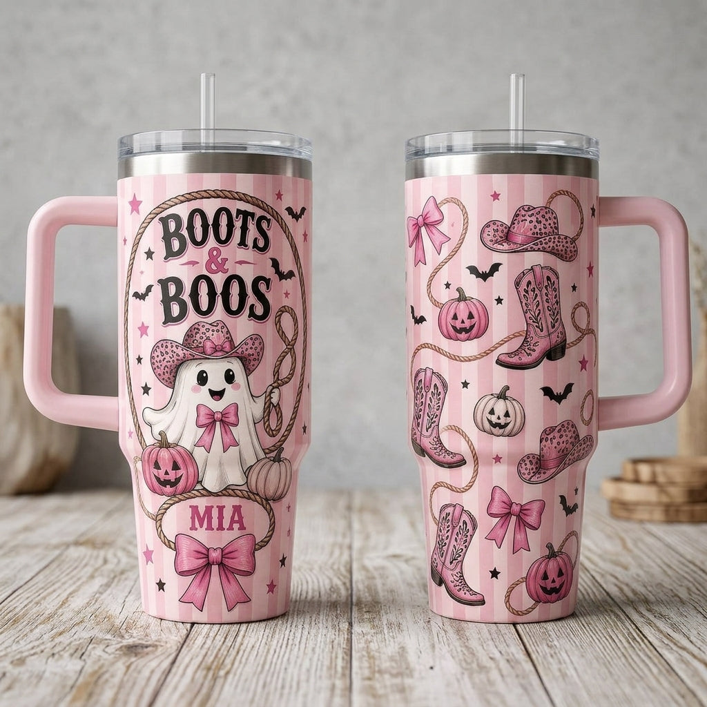 Personalized Boots & Boos Pink Western Halloween 40oz Tumbler with Handle, Custom Name Cowgirl Ghost Gift