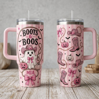 Personalized Boots & Boos Pink Western Halloween 40oz Tumbler with Handle, Custom Name Cowgirl Ghost Gift