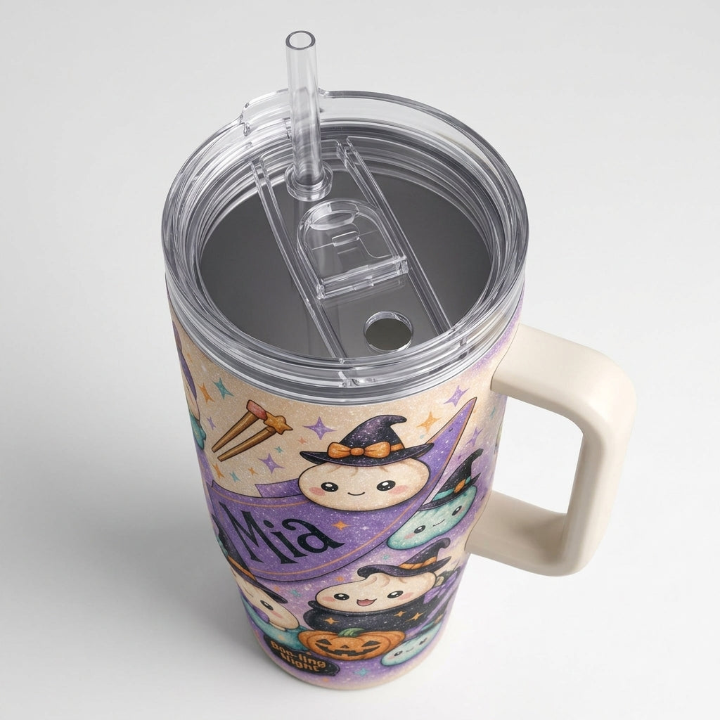 Personalized Spooky Little Dumplings 40oz Tumbler with Handle - Custom Name Kawaii Halloween Witch Dumpling Insulated Mug