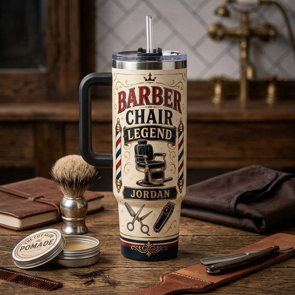 Personalized Barber Chair Legend 40oz Tumbler with Handle - Custom Name Vintage Barbershop Gift