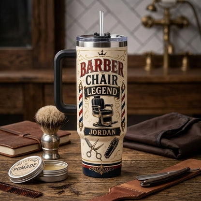 Personalized Barber Chair Legend 40oz Tumbler with Handle - Custom Name Vintage Barbershop Gift