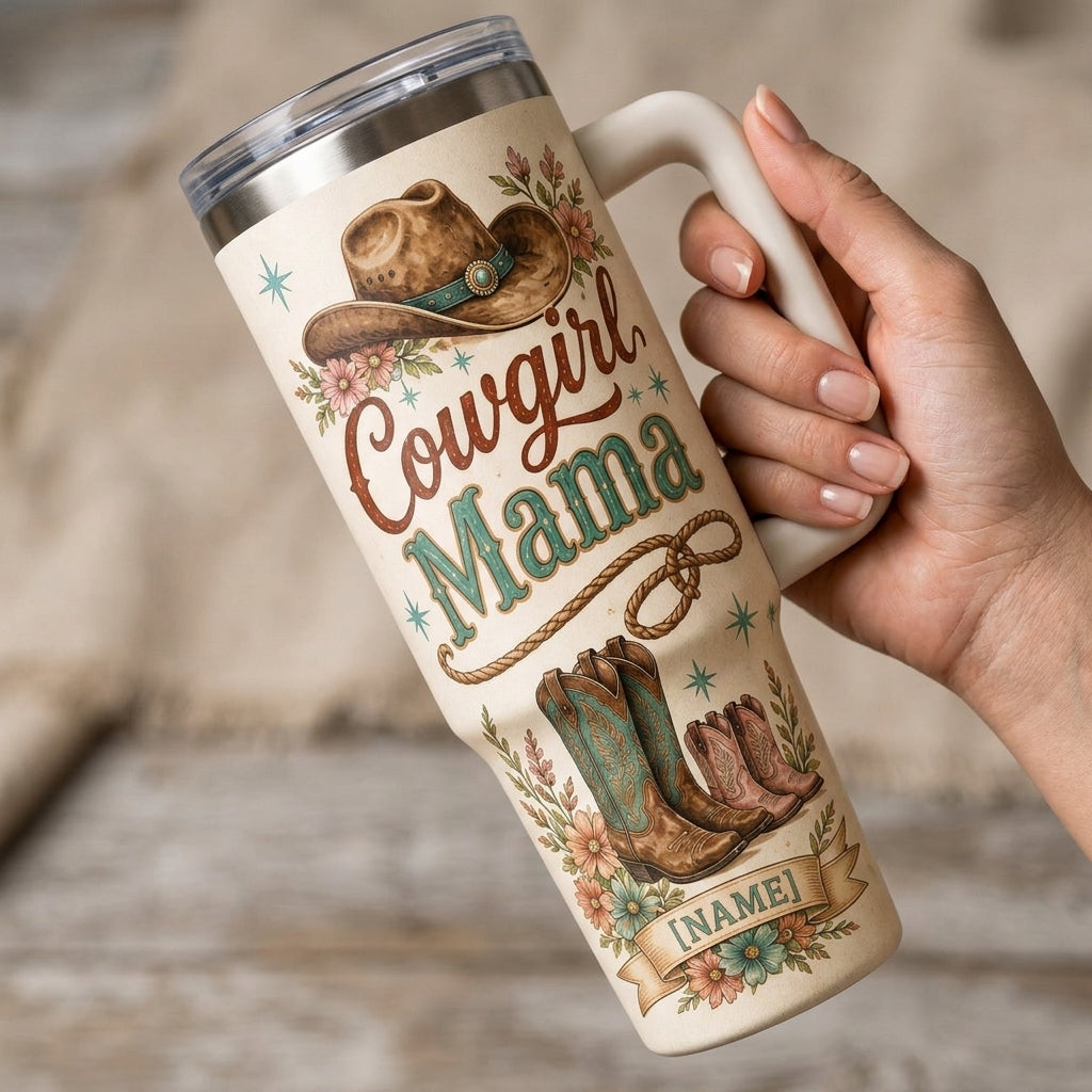 Personalized Cowgirl Mama 40oz Tumbler with Handle - Custom Western Floral Mama Gift - Insulated Travel Mug