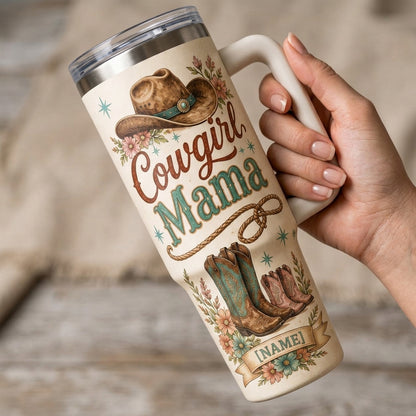 Personalized Cowgirl Mama 40oz Tumbler with Handle - Custom Western Floral Mama Gift - Insulated Travel Mug