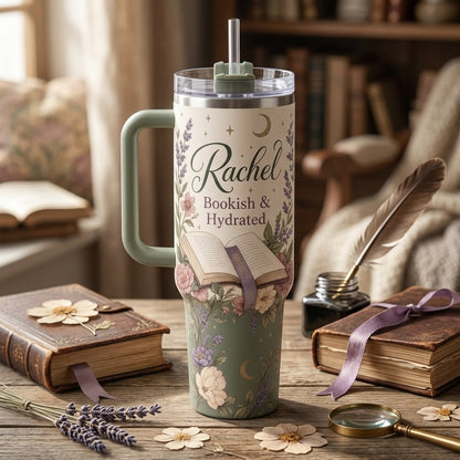 Personalized Bookish and Hydrated 40oz Tumbler with Handle - Custom Name Floral Book Lover Gift