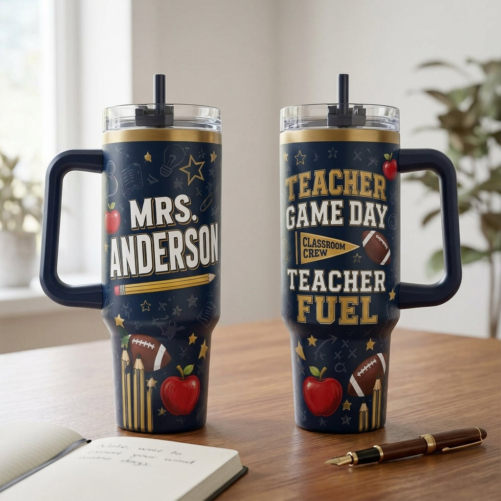 Personalized Teacher Game Day 40oz Tumbler with Handle - Custom Name Football & Classroom Crew Gift