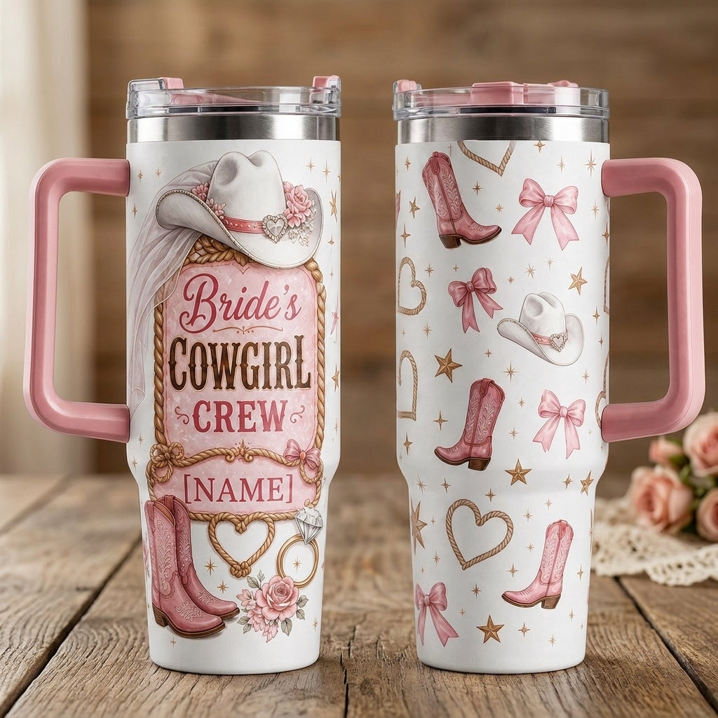 Personalized Bride's Cowgirl Crew 40oz Tumbler with Handle - Custom Western Bachelorette Gift