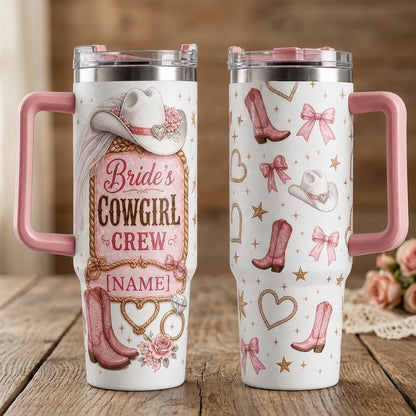 Personalized Bride's Cowgirl Crew 40oz Tumbler with Handle - Custom Western Bachelorette Gift