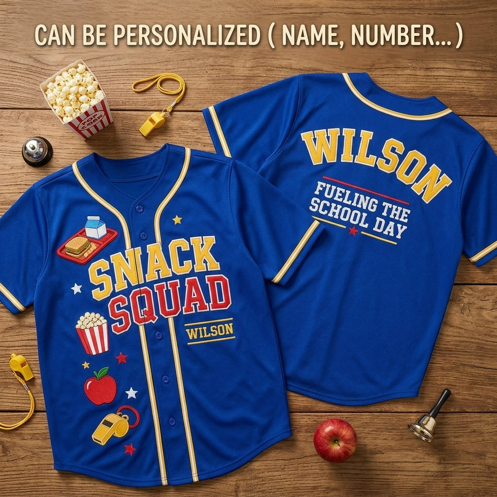 Personalized Snack Squad Baseball Jersey - Custom Name School Cafeteria Worker Gift - Fueling The School Day Blue Jersey