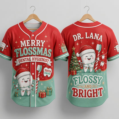 Personalized Merry Flossmas Dental Hygienist Baseball Jersey - Custom Name Christmas Tooth Squad Shirt