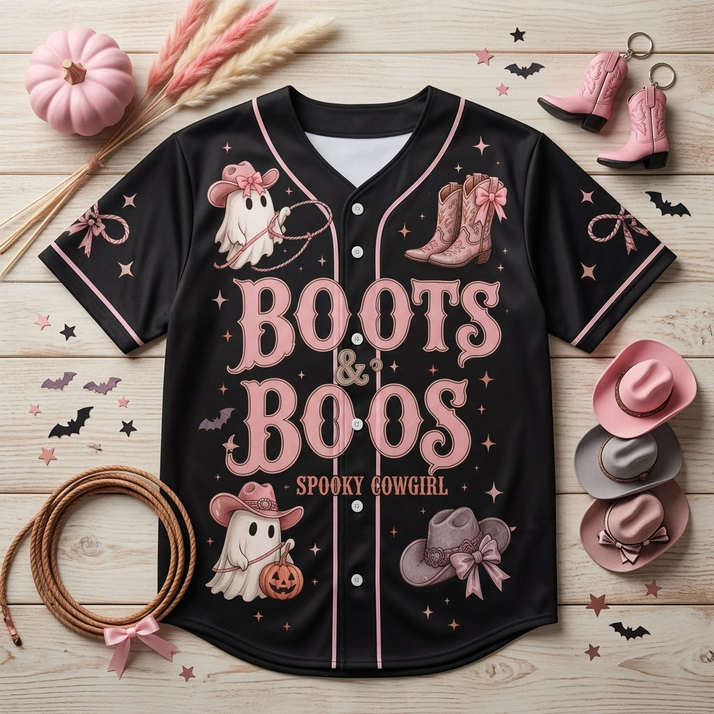 Personalized Boots & Boos Spooky Cowgirl Halloween Baseball Jersey - Custom Name Pink Ghost Western Shirt