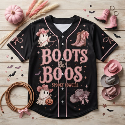 Personalized Boots & Boos Spooky Cowgirl Halloween Baseball Jersey - Custom Name Pink Ghost Western Shirt