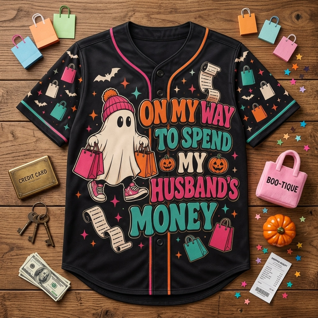 Personalized Halloween Ghost Baseball Jersey - On My Way To Spend My Husband's Money - Custom Name Shopping Shirt