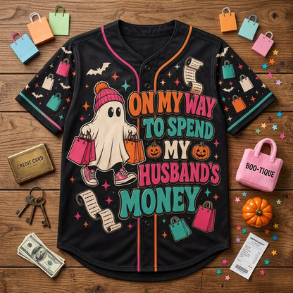 Personalized Halloween Ghost Baseball Jersey - On My Way To Spend My Husband's Money - Custom Name Shopping Shirt
