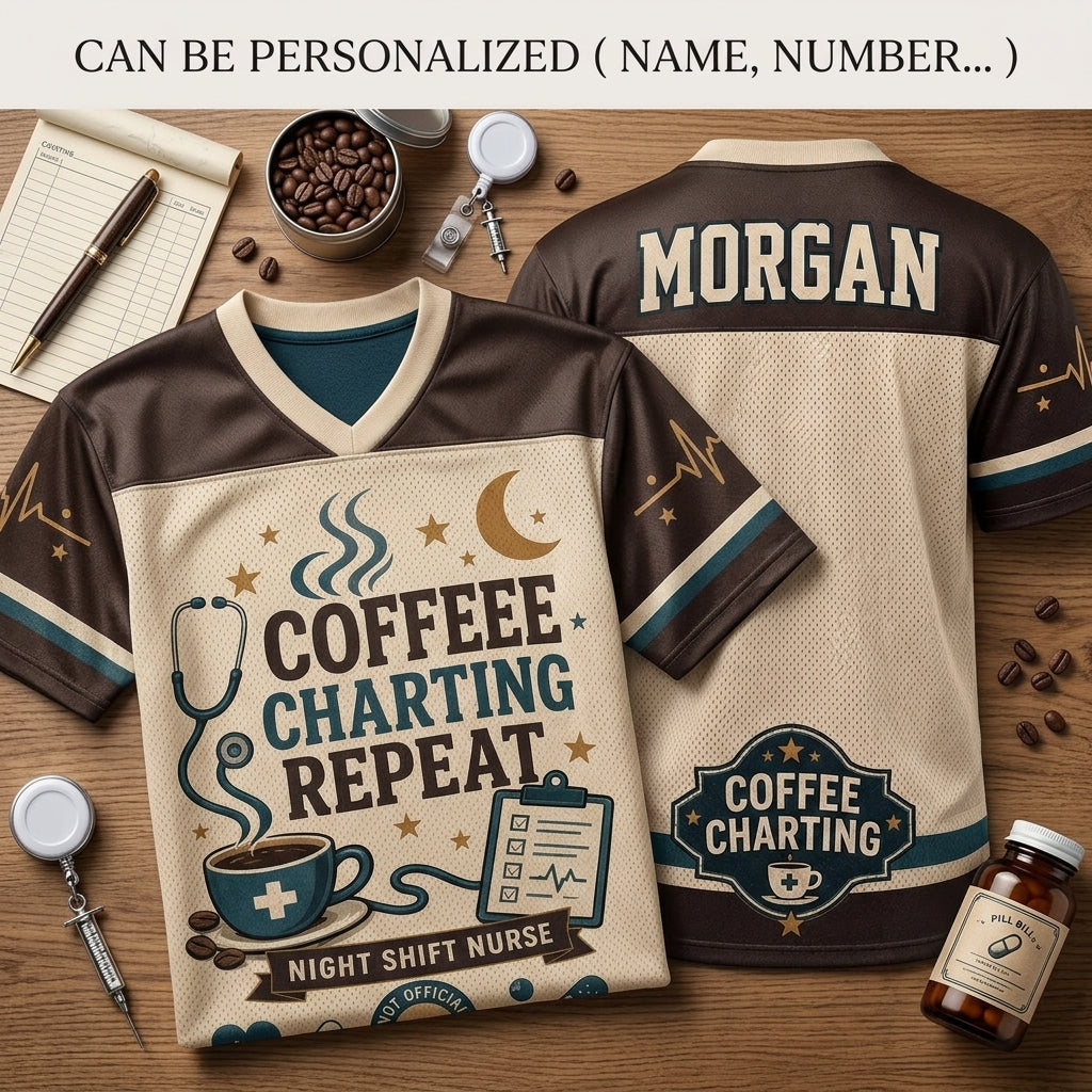 Personalized Coffee Charting Repeat Night Shift Nurse Football Jersey - Custom Name Mesh Mesh Athletic Shirt