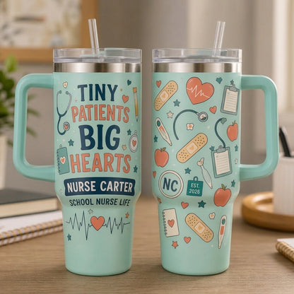 Personalized School Nurse 40oz Tumbler with Handle - Tiny Patients Big Hearts Custom Name Gift