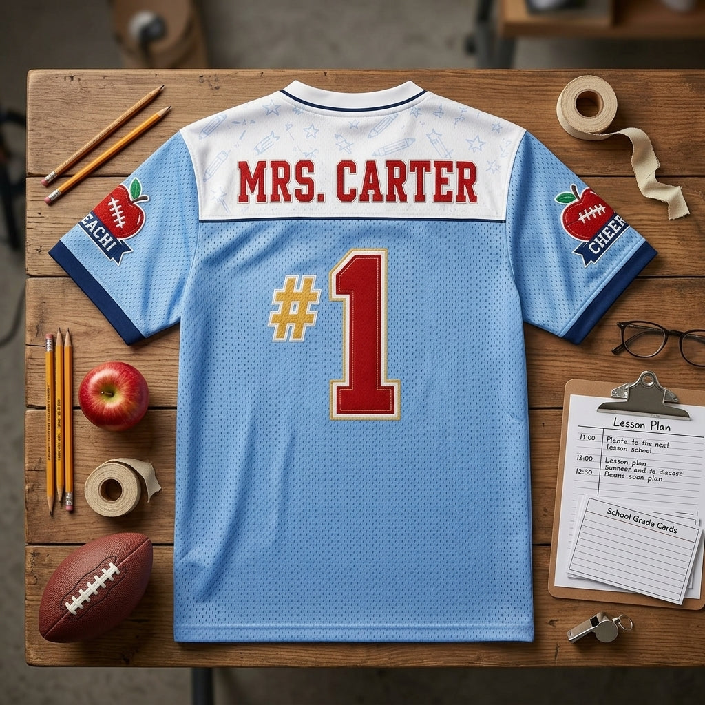 Personalized Teacher Game Day Football Jersey - Custom Name 2nd Grade Classroom Crew Mesh Jersey Shirt