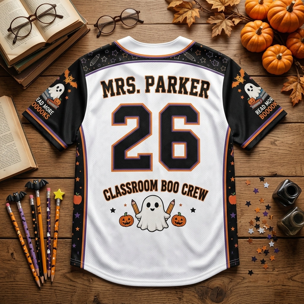 Personalized Trick or Teach Crew Baseball Jersey - Custom Spooky Teacher Halloween Gift for Classroom Boo Crew