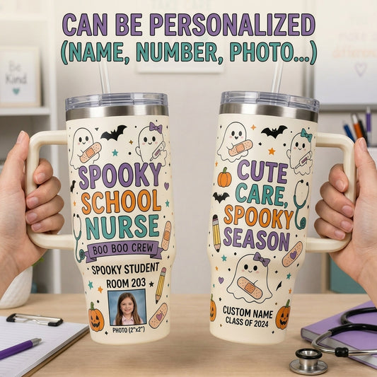 Personalized Spooky School Nurse 40oz Tumbler with Handle - Custom Boo Boo Crew Halloween Gift