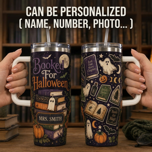 Personalized Booked For Halloween 40oz Tumbler with Handle, Custom Name Book Lover Gift for Teachers