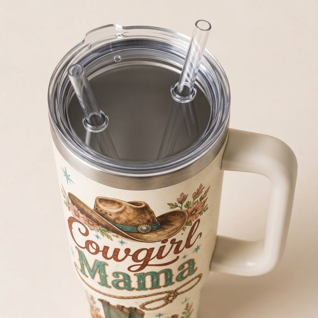 Personalized Cowgirl Mama 40oz Tumbler with Handle - Custom Western Floral Mama Gift - Insulated Travel Mug